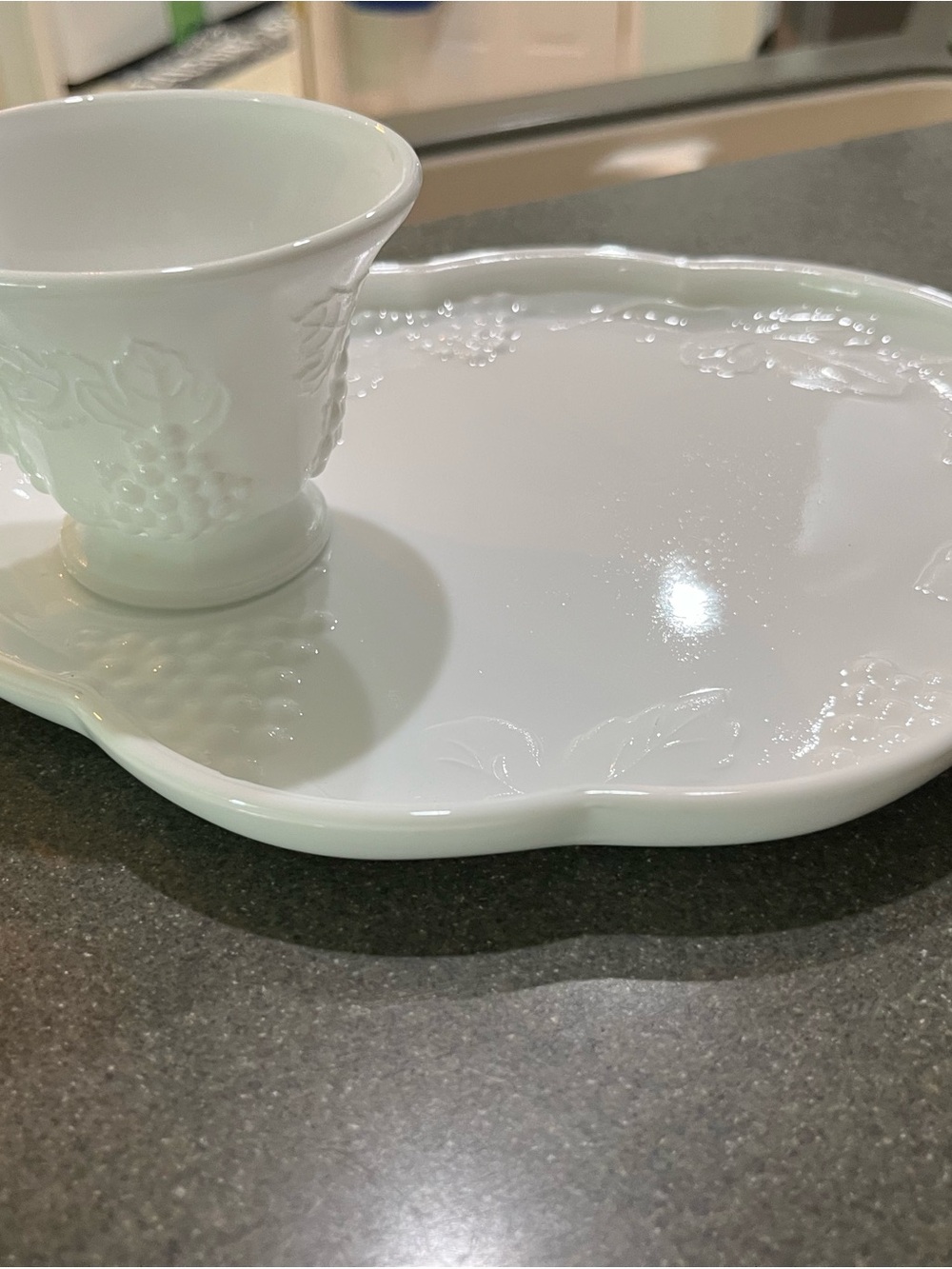 8 Milk glass White Embossed Ceramic Serving Plate and Cup Set